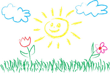 kids charcoal drawing sun clouds grass flowers spring world vector illustration