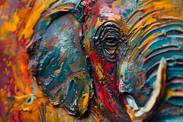 Oil convex strokes painting. Drawn multi-colored elephant on canvas. Animals art. National Elephant Day