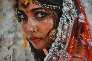 Portrait of  Indian woman with dupatta, authentic jewelry, traditional earrings. Interior decor art. Banner 