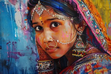 Portrait of  Indian woman with dupatta, authentic jewelry, traditional earrings. Interior decor art. Banner 