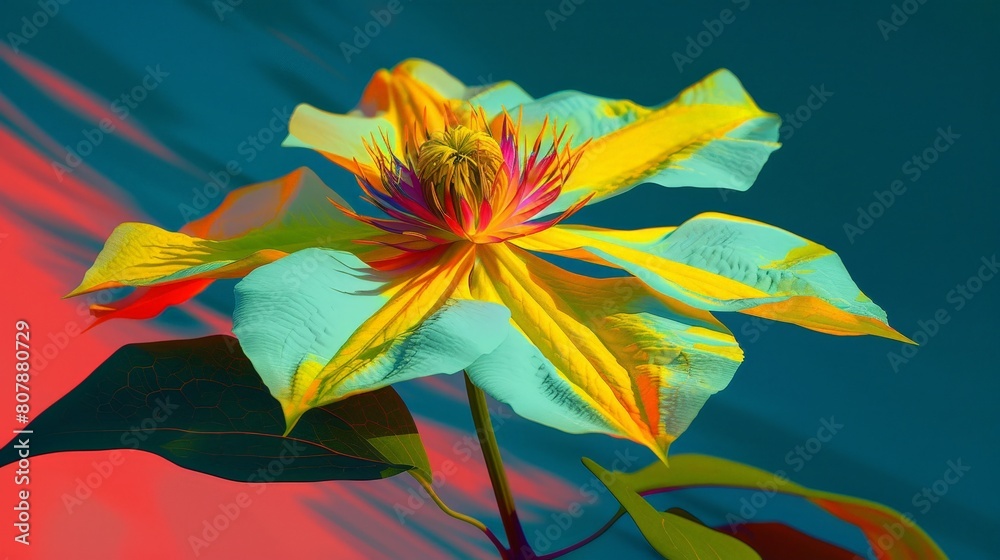 Poster A vibrant flower with multiple colors displayed against a solid blue background