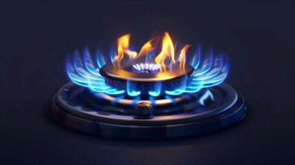Burning gas stove with blue flame top and side view, propane butane flame in cooking oven, glowing cooktop isolated on black background, realistic 3D modern illustration. - obrazy, fototapety, plakaty