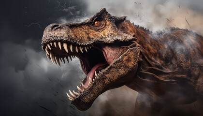 A large T-Rex is shown in a scene of dust and debris, with its mouth open