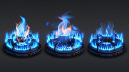 Gas stove with blue flames, kitchen burner with lit hobs, propane butane flame in cooking oven, glowing cooktop isolated on transparent background. Realistic 3D modern set. - obrazy, fototapety, plakaty