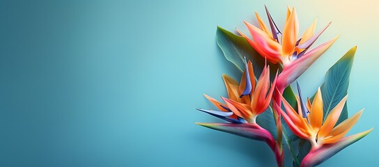 Dynamic Bird of Paradise flowers against a soothing blue pastel, ample copy space for ads