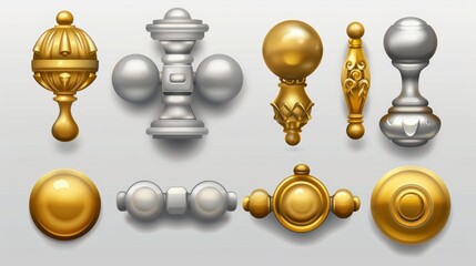 Modern metal doorknobs with a metallic shine. Isolated on transparent background. 3D modern icons of gold and silver modern metal doorknobs.