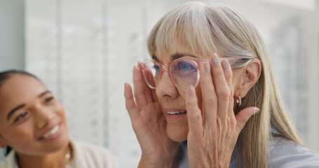 Mature woman, optometrist and store with glasses for choice, decision or customer service....