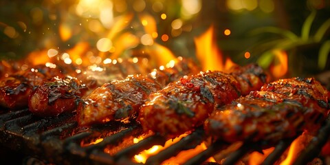 a sizzling summer barbecue scene featuring juicy meats and fresh beautiful background, captured with vibrant colors and high contrast, reminiscent of a mouth-watering food magazine cover