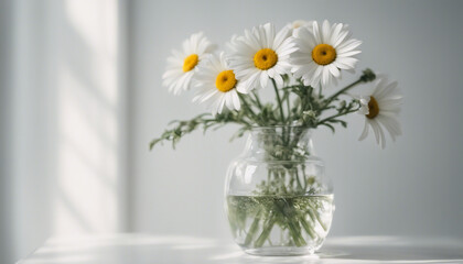 daisy flowers in decorative glass vase and white wall background
