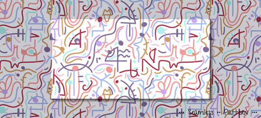 Obraz premium Vector Illustration simple drawing face, geometric shape with colorful line. Abstract cute doodle art, cartoon seamless pattern, modern graphic design for print fabric, textile, wallpaper background