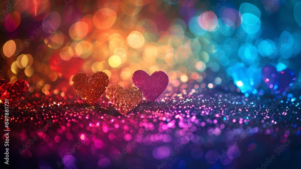 Aufkleber heart shapes placed on a vibrant and blurred bokeh background, creating a cheerful and romantic atmo