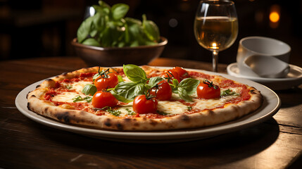 An artisanal wood-fired margherita pizza with a thin, crispy crust, fresh mozzarella, basil, and a rich tomato sauce