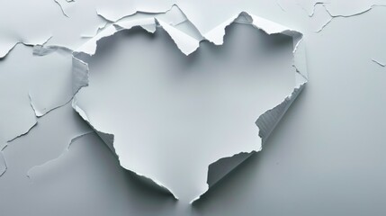 Fototapeta premium White paper heart. Torn hole in white paper in the shape of a heart. Love and Valentine's Day concept. Heart shaped hole