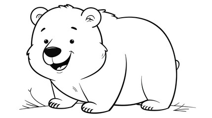 lineart black & white cartoon clean simple outline of a funny chubby bear, coloring book for kids