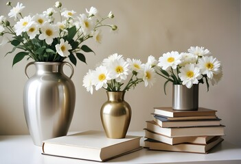 A vase with white flowers, a stack of books , and several metallic vases in the background