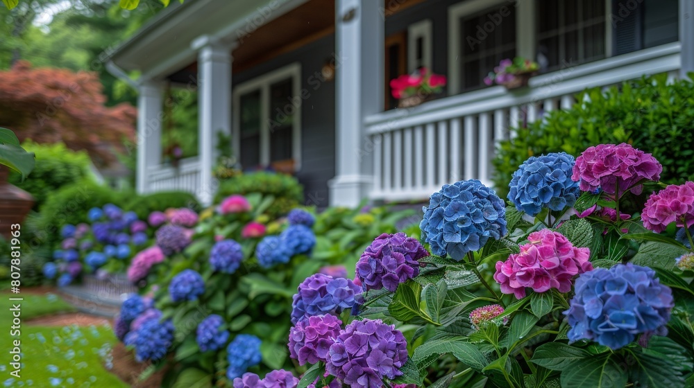 Poster bright hydrangeas bloom in front of a white house, adding color to the scene