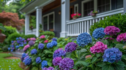 Bright hydrangeas bloom in front of a white house, adding color to the scene