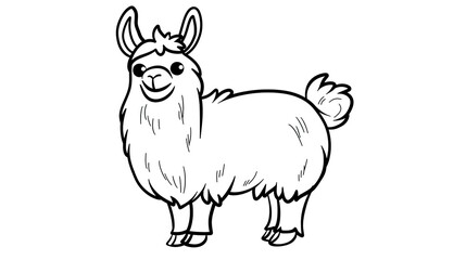 lineart black & white cartoon clean simple outline of a funny chubby llama, coloring book for kids