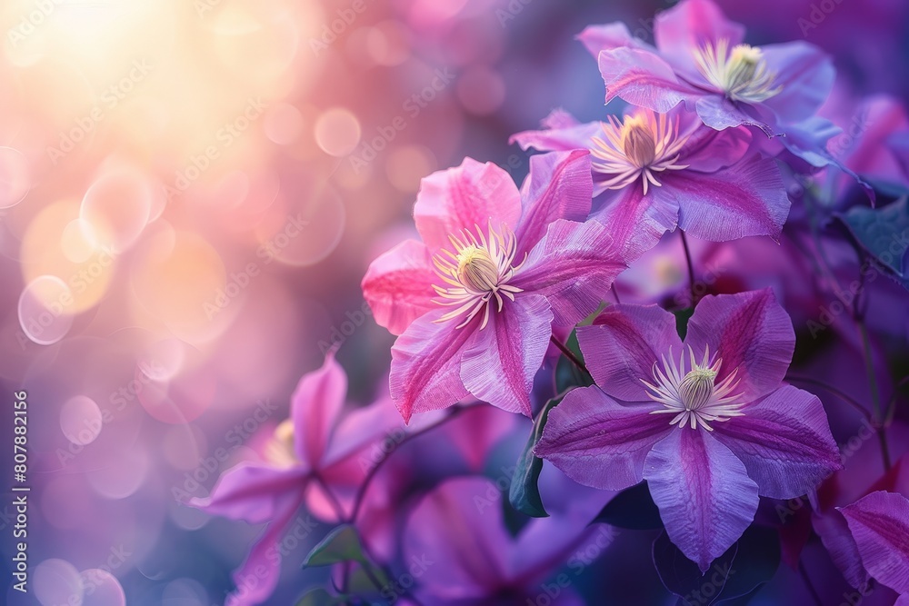 Sticker Purple clematis flowers with a blurred bokeh background in shades of green and yellow