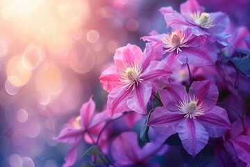 Purple clematis flowers with a blurred bokeh background in shades of green and yellow