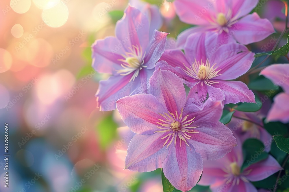 Poster pink clematis flowers in full bloom with a soft bokeh background