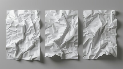 Realistic 3D modern illustration of folded posters, white paper blank sheets with wrinkled texture. Mockup for flyer, advertisement, or letter isolated on grey background.