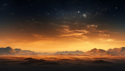 A beautiful orange sky with clouds and stars