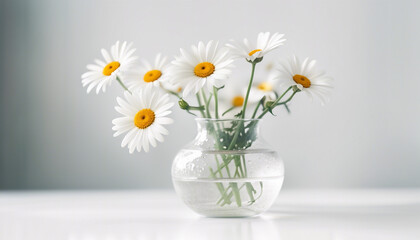 daisy flowers in decorative glass vase and white wall background
