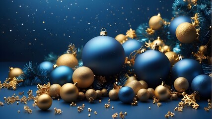 Fototapeta premium a contemporary blue Christmas background with balls and gold stars. Design of greeting card: Happy New Year