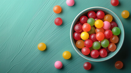 Top View Colorful Round Candies in Bowl on a Green Background