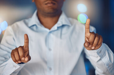 Hands, invisible screen and business man in office for user interface, hologram and mockup space...