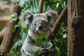 Obraz premium A koala bear is perched on a tree branch, surrounded by lush green foliage in its natural habitat