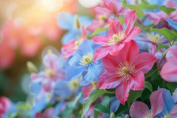 Obraz premium Pink and blue clematis flowers bloom under the sunny sky