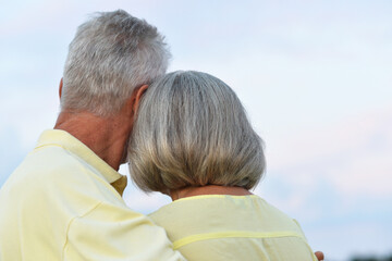 Happy elderly couple hugging against sky background