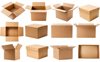 set of cardboard boxes on transparent background