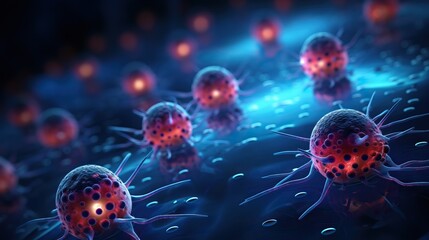 A conceptual image of a hightech medical examination of cancer cells, with micro to macro scaling, accentuated by dynamic neon lighting for dramatic effect