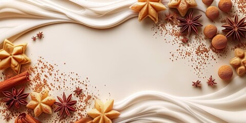 Fototapeta premium Light cream-colored abstract background with copy space surrounded by star anise, cinnamon sticks, and meringue cookies scattered around the edges