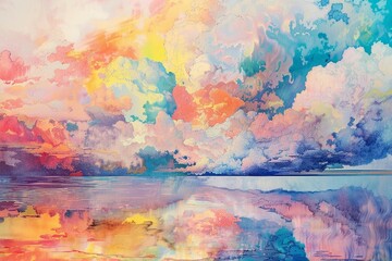 Colorful Abstract Oil Painting of Cloudy Sky and Reflection