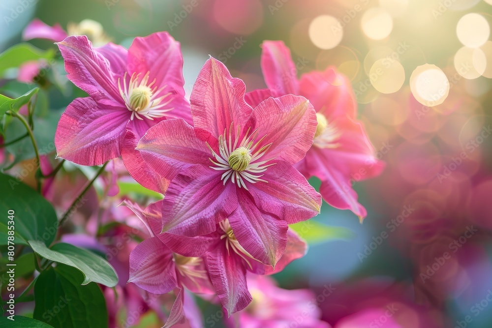 Aufkleber Pink clematis flowers in full bloom with a soft bokeh background, creating a delicate and elegant atmosphere