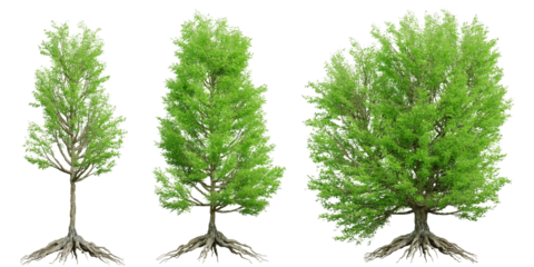 A collection of green broad-leaved trees isolated on a transparent background.