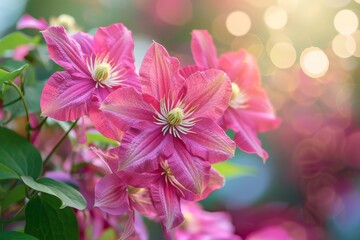 Fototapeta premium Pink clematis flowers in full bloom with a soft bokeh background, creating a delicate and elegant atmosphere