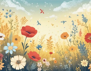 Wildflower Meadow Print - the essence of a wildflower meadow with small, detailed flowers such as poppies, cornflowers, and daisies scattered across a sunny yellow background
