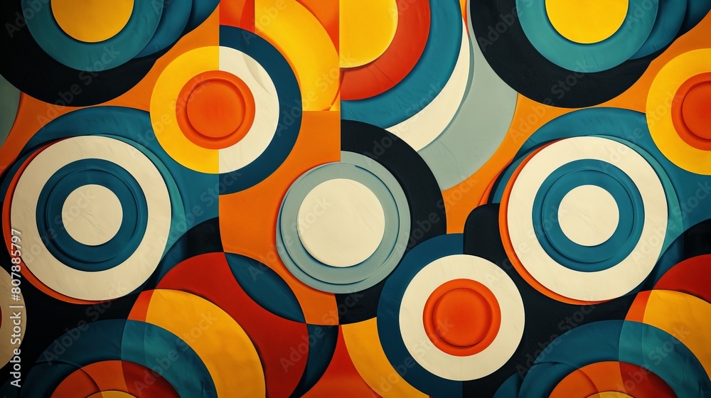 Poster A vibrant wallpaper featuring an array of colorful circles arranged in 70s pattern