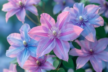 Blue and pink clematis flowers blooming in a garden setting