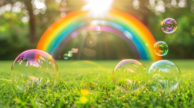 Colorful soap bubbles drift through green grass under a vibrant rainbow in the sky - Powered by Adobe