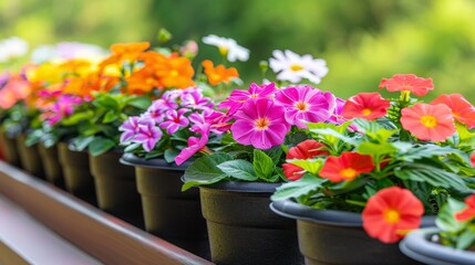 A row of vibrant flowers in black pots lined up on a balcony railing