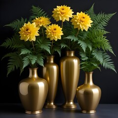 A bouquet of vibrant yellow dahlia flowers in golden vases against a dark background, with lush green fern leaves surrounding the arrangement