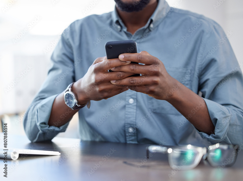 Poster businessman, smartphone and typing at desk in closeup for email, communication with tech for company
