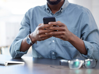 Businessman, smartphone and typing at desk in closeup for email, communication with tech for...