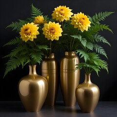 A bouquet of vibrant yellow dahlia flowers in golden vases against a dark background, with lush green fern leaves surrounding the arrangement
